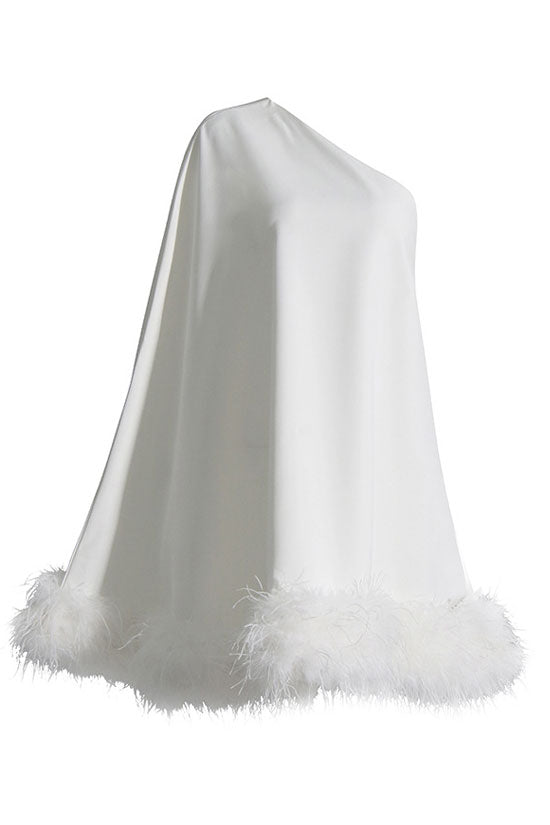 Asymmetrical One Shoulder Feather Trim A Line Party Mini Dress - White 6