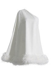 Asymmetrical One Shoulder Feather Trim A Line Party Mini Dress - White 6