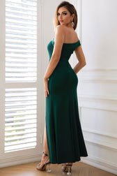 Asymmetrical One Shoulder Ruched High Slit Evening Maxi Dress - Emerald Green 4