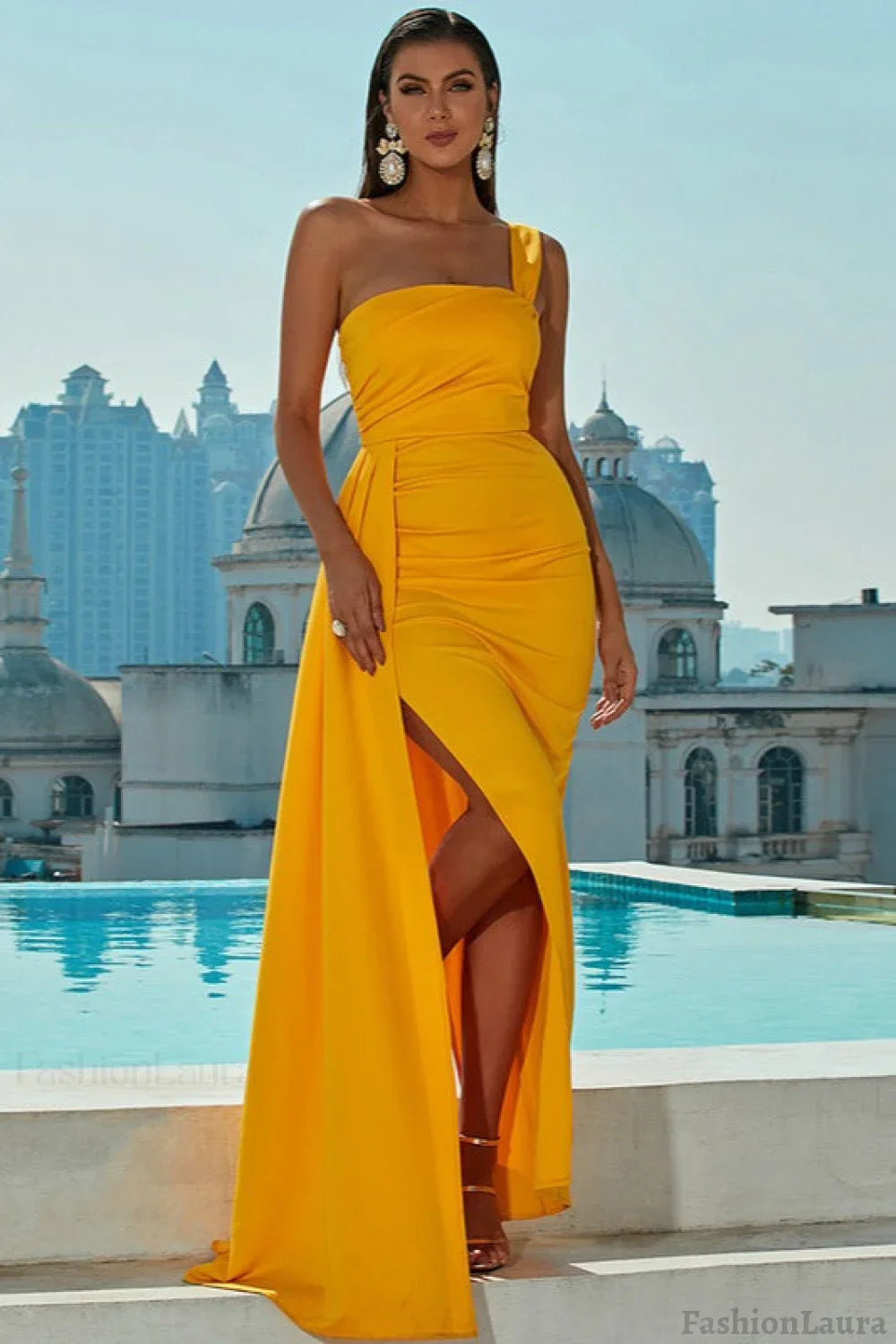 Asymmetrical One Shoulder Slit Party Dress