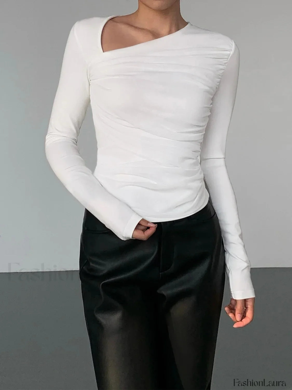 Asymmetrical Patchwork Ribbed Trendy Knit Ruched Mesh Top