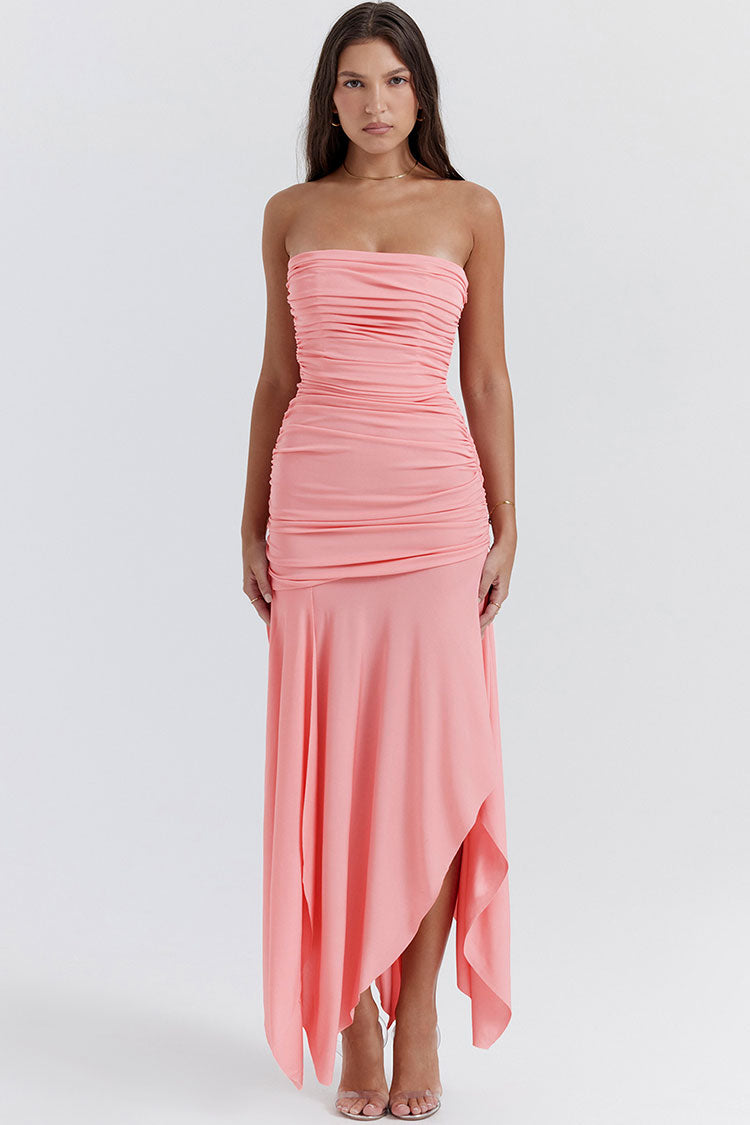 Asymmetrical Ruched Strapless Bodycon Drop Waist High Split Cocktail Dress - Pink 2