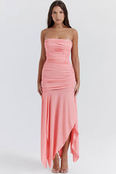 Asymmetrical Ruched Strapless Bodycon Drop Waist High Split Cocktail Dress - Pink 2