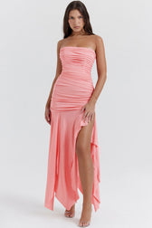 Asymmetrical Ruched Strapless Bodycon Drop Waist High Split Cocktail Dress - Pink 3