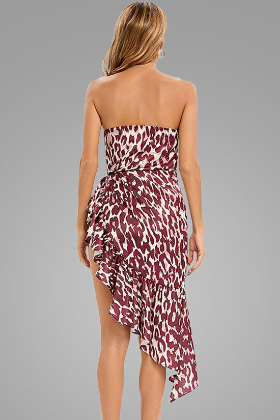 Asymmetrical Ruffle Satin Sweetheart Strapless Party Dress - Leopard 3