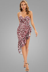 Asymmetrical Ruffle Satin Sweetheart Strapless Party Dress - Leopard 4