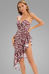 Asymmetrical Ruffle Satin Sweetheart Strapless Party Dress - Leopard 2