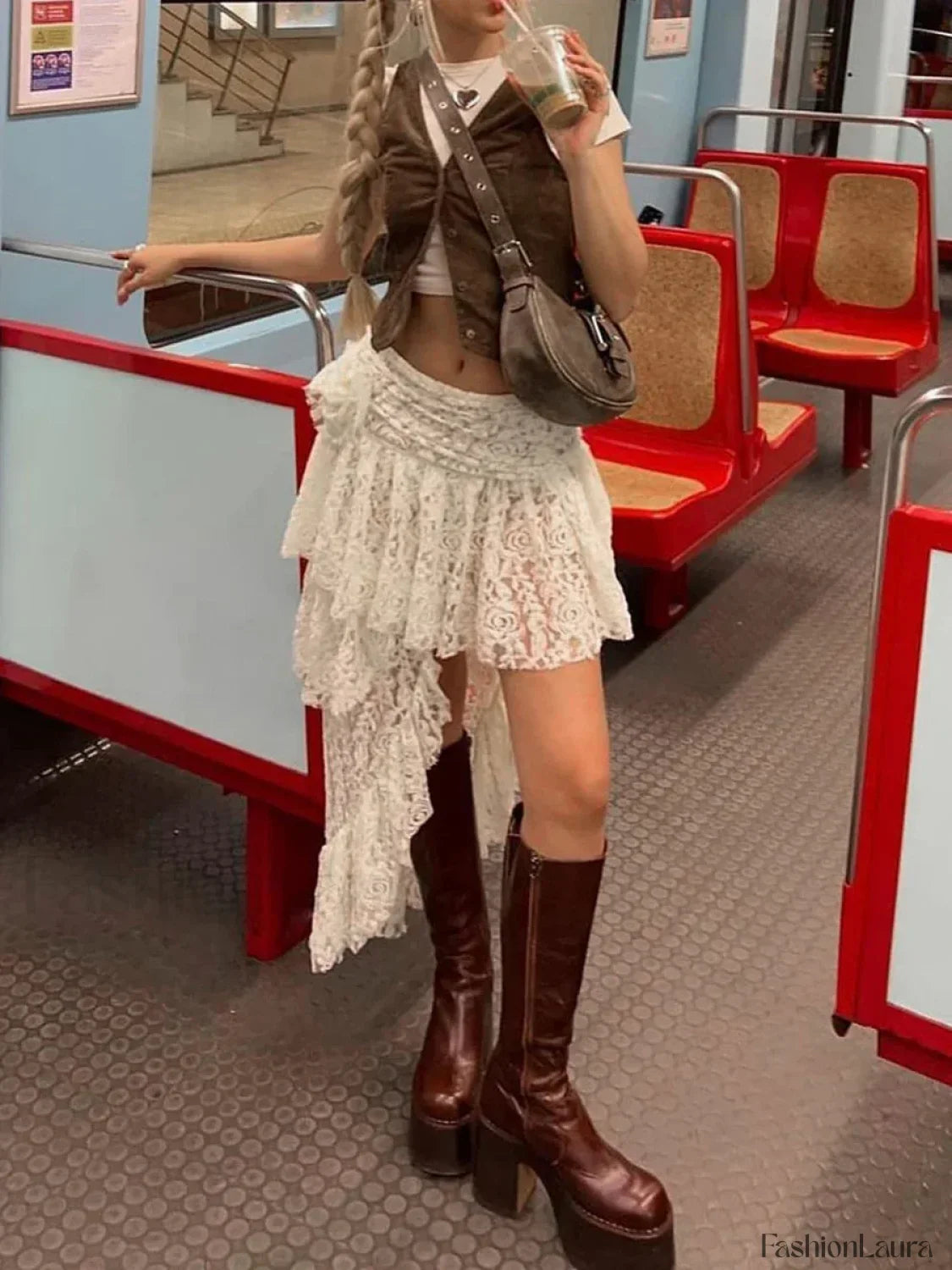 Asymmetrical Stitched Lace Skirt