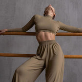 Athleisure Solid Long Sleeve Crop Top Sophisticated Wide Leg Pants Matching Set - Gray S / Khaki