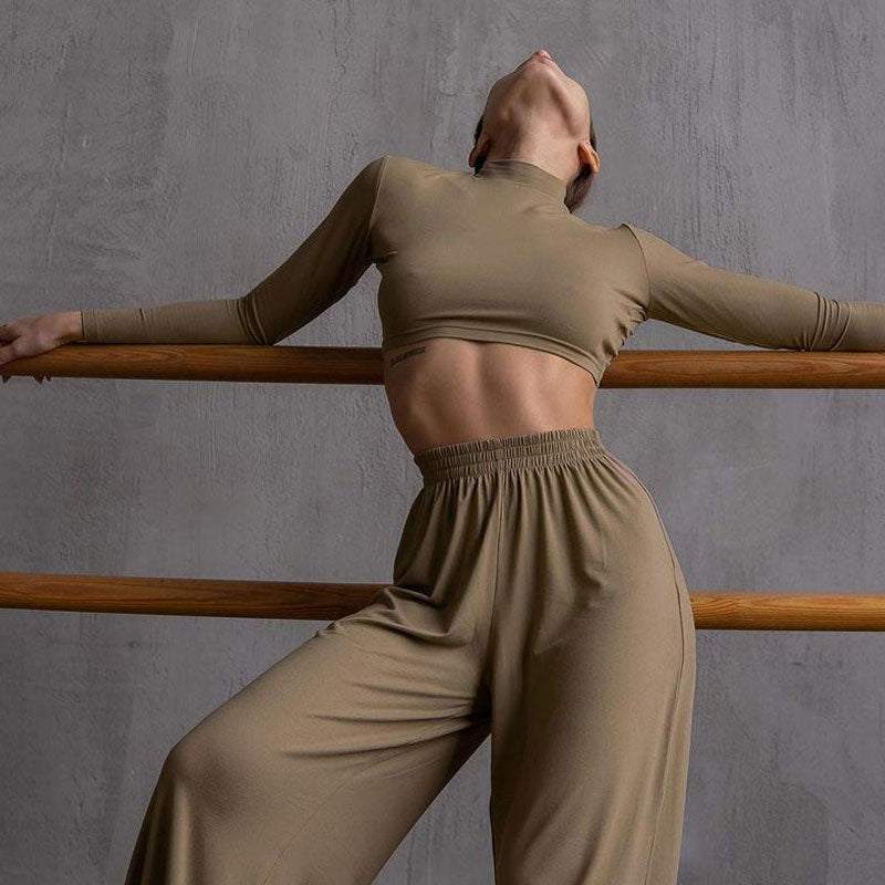 Mock Neck Long Sleeve Crop Top and Wide Leg Pants Two Piece Set