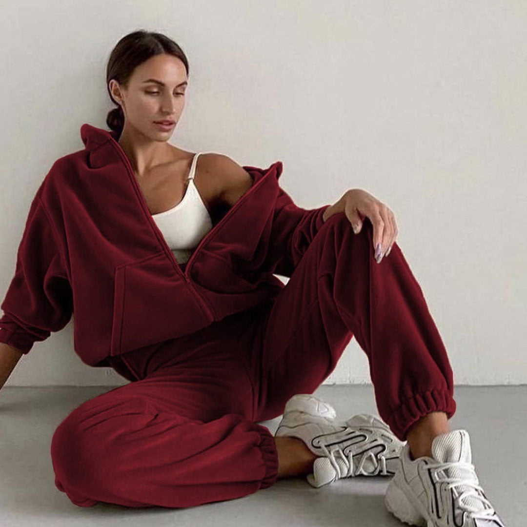 Athletic Zip Up Fleece Hoodie High Waist Jogger Sweatpants Matching Set