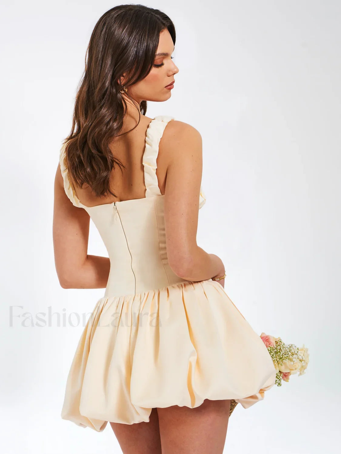 Aubrey Egg White Satin Graceful Bubble Hem Mini Dress