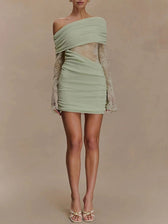 Aurelia One Shoulder Lace Mini Dress Sage Whisper