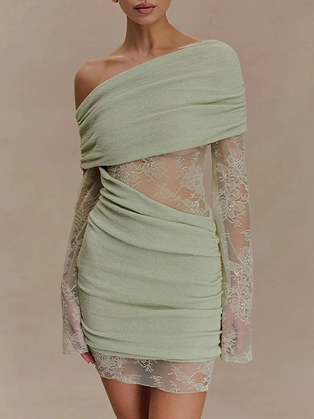 Aurelia One Shoulder Lace Mini Dress Sage Whisper 3