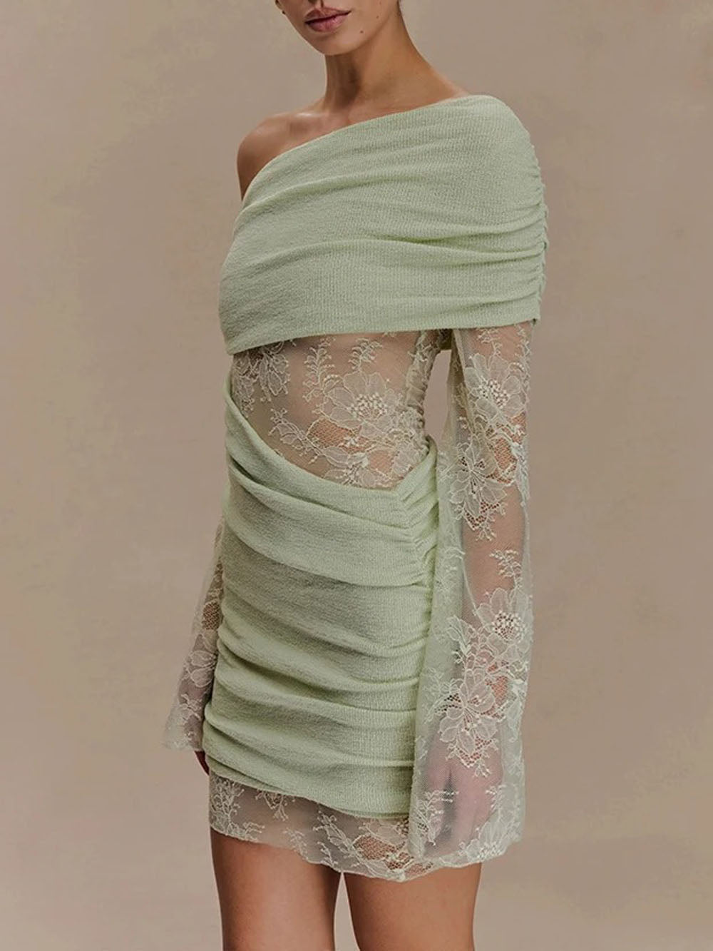 Aurelia One Shoulder Lace Mini Dress Sage Whisper 4