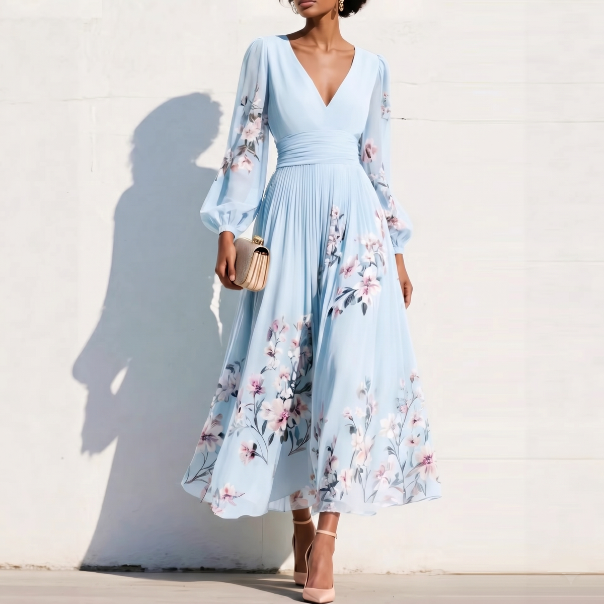 Floral Print Deep V-Neck Long Sleeve Pleated Maxi Dress