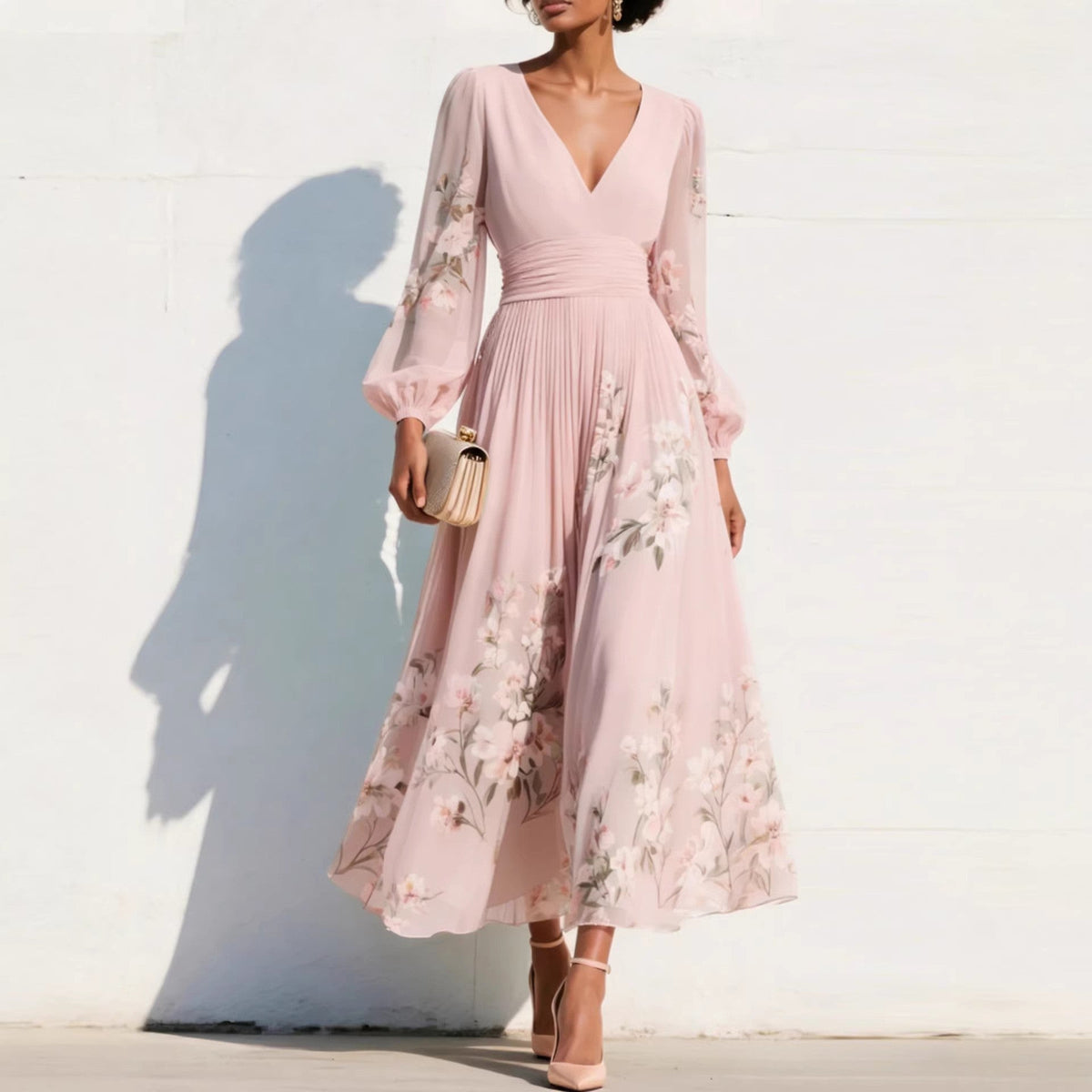 Floral Print Deep V-Neck Long Sleeve Pleated Maxi Dress