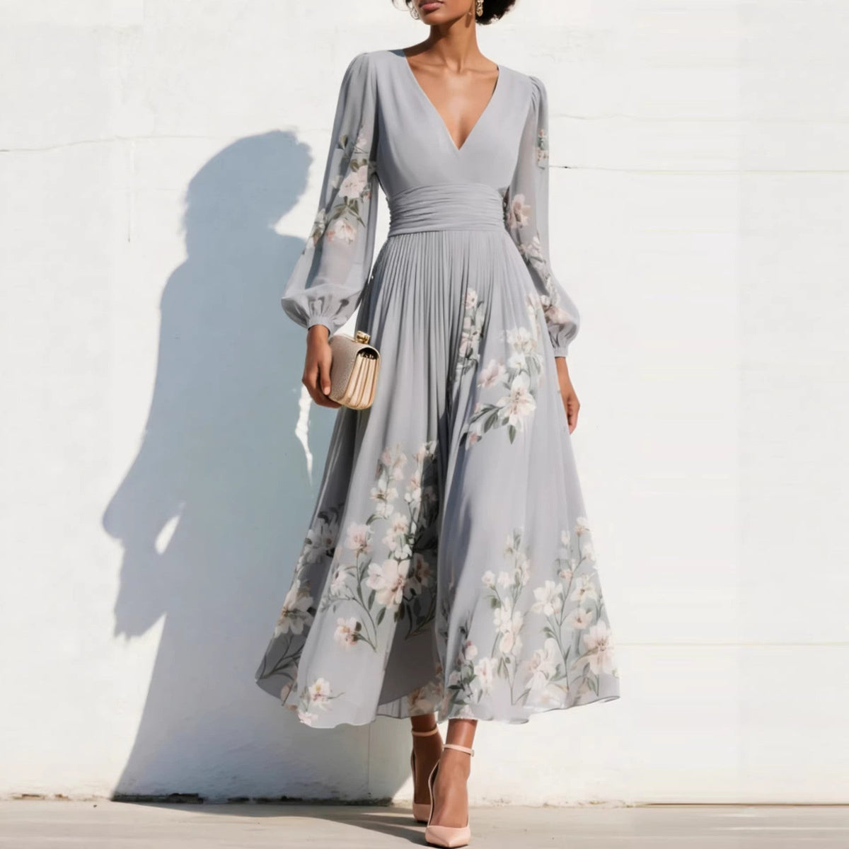 Floral Print Deep V-Neck Long Sleeve Pleated Maxi Dress