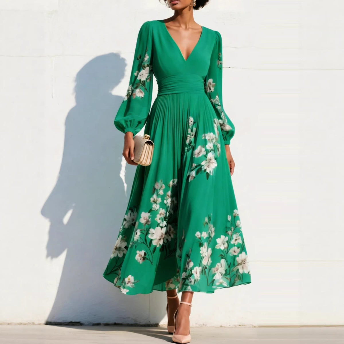 Floral Print Deep V-Neck Long Sleeve Pleated Maxi Dress