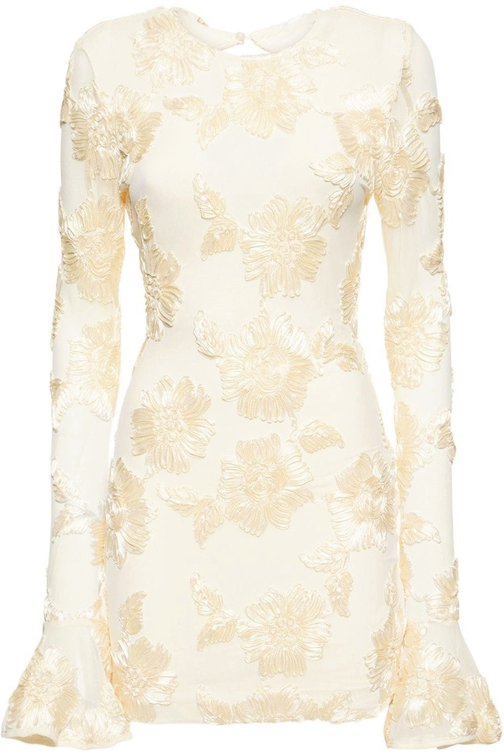 Floral Embroidered Mesh Crew Neck Long Bell Sleeve Dress 4