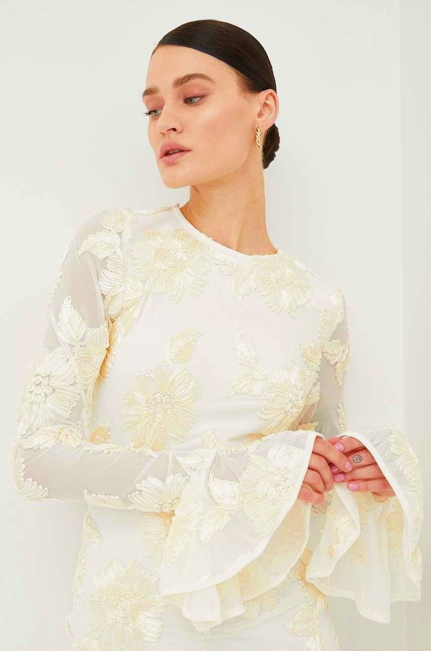 Floral Embroidered Mesh Crew Neck Long Bell Sleeve Dress