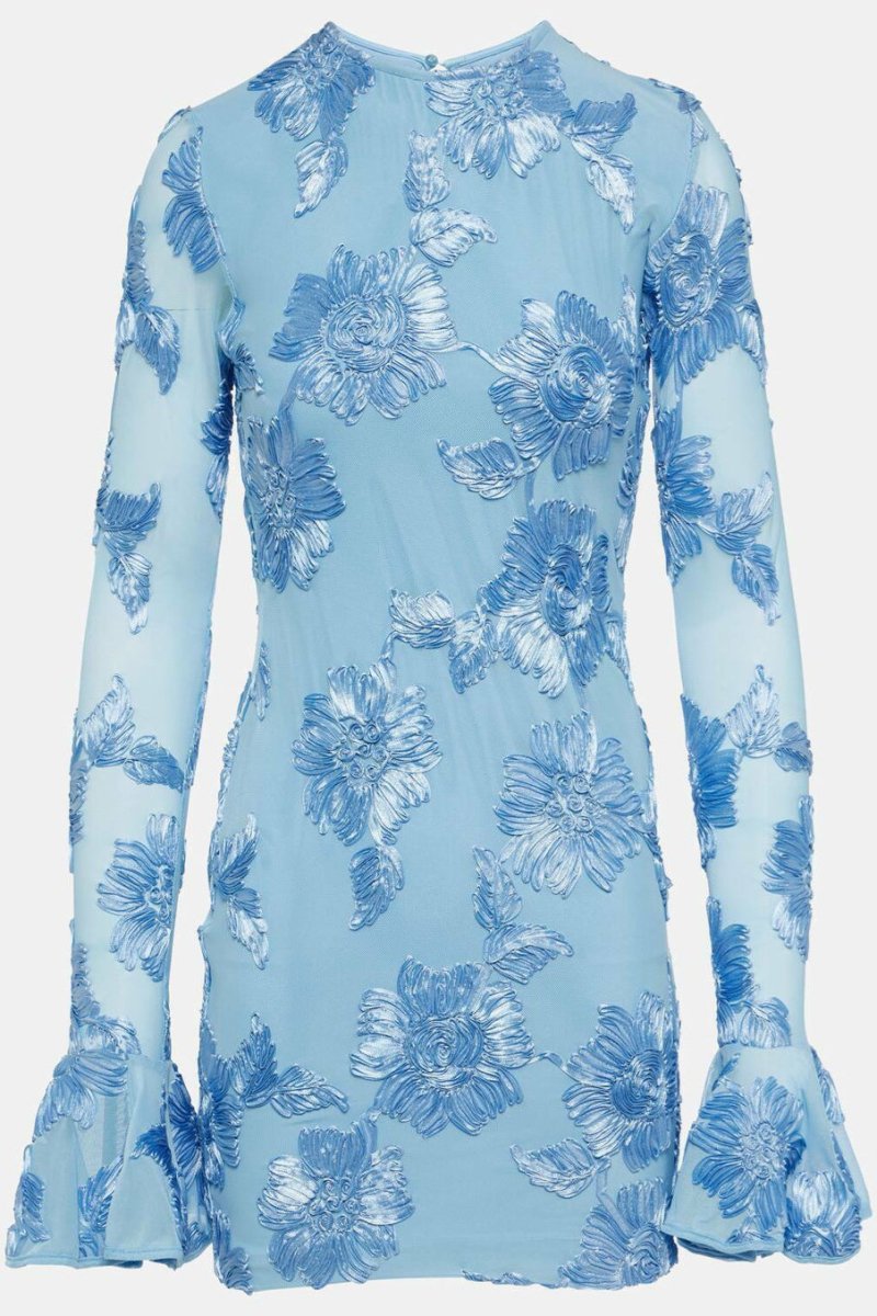 Floral Embroidered Mesh Crew Neck Long Bell Sleeve Dress 8