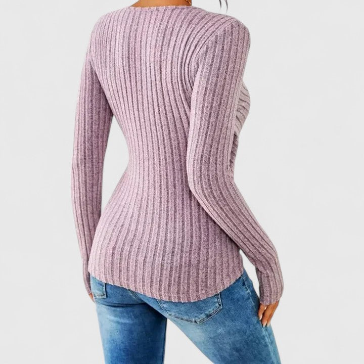 Ribbed Knit Surplice V-Neck Long Sleeve Wrap Top