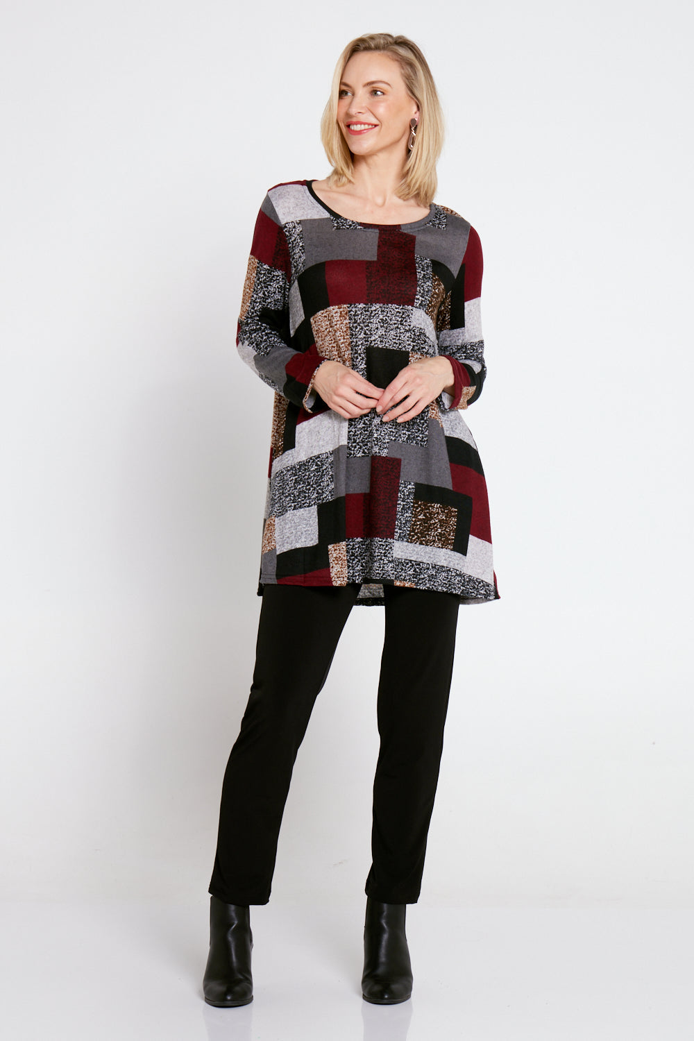 Barb Knit Top - Burgundy/Grey/Black