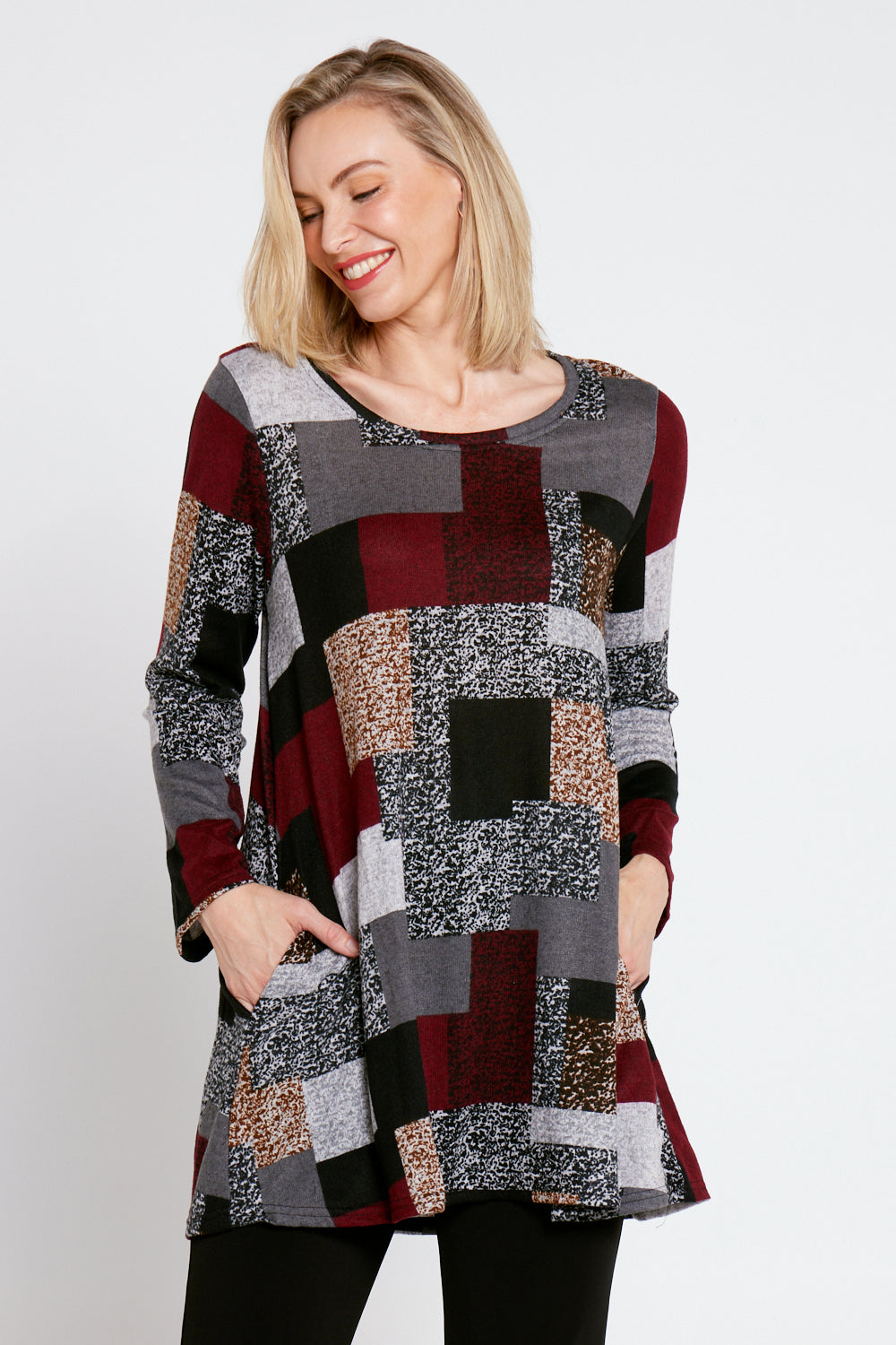 Barb Knit Top - Burgundy/Grey/Black