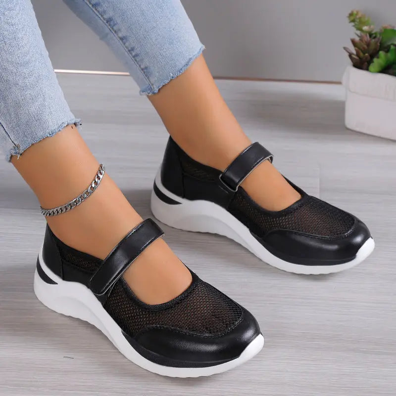Round Toe Mesh Panel Hook and Loop Strap Platform Sneakers