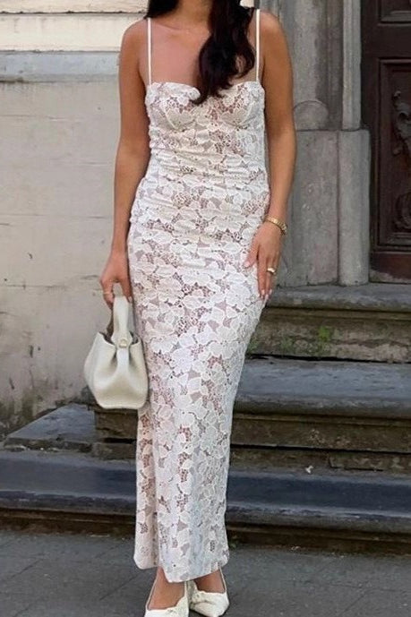 Floral Lace Spaghetti Strap Sweetheart Neck Bodycon Maxi Dress