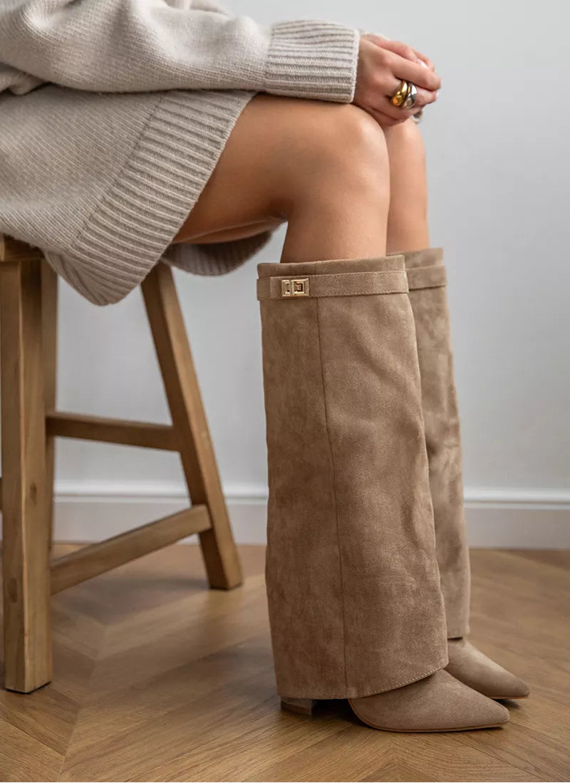 Pointed Toe Fold Over Buckle Block Heel Knee High Boots