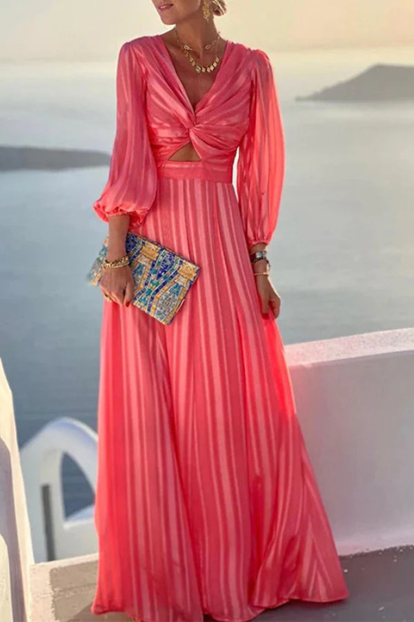 Striped Satin Deep V-Neck Bust Knot Cut Out Balloon Sleeve Maxi Dress