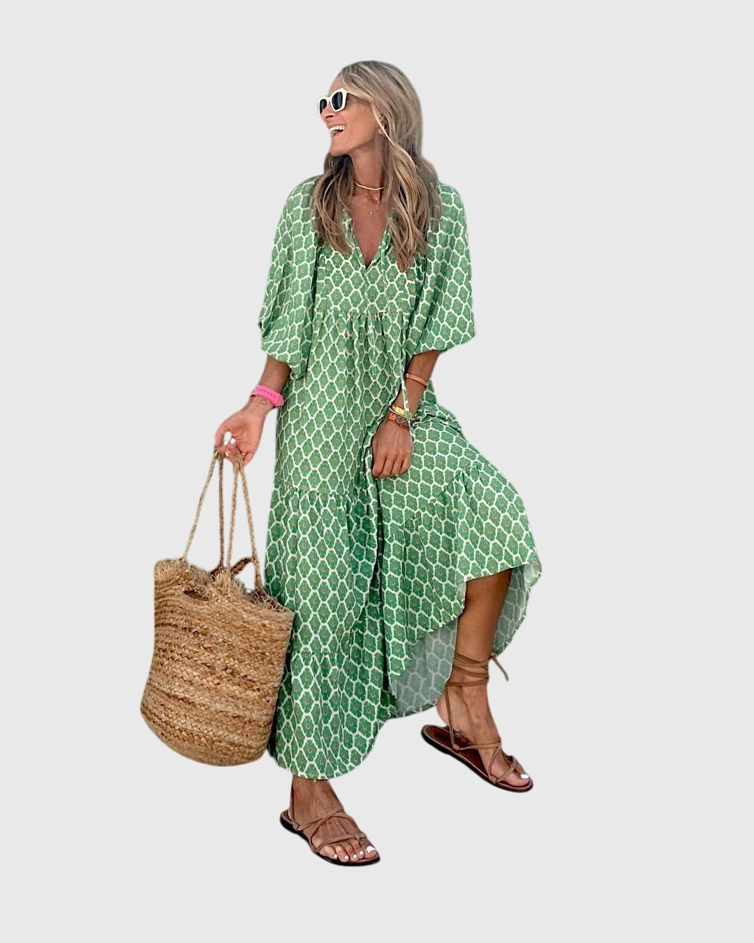 Floral Print Long Sleeve Tiered Boho Maxi Dress