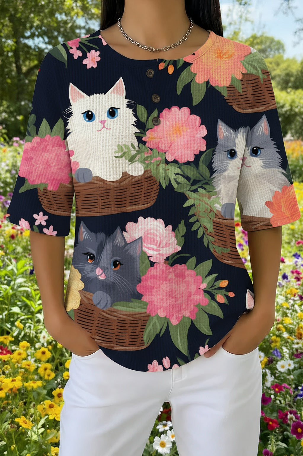 Womens Black Pink Floral Cat in Basket Print Casual Shirt