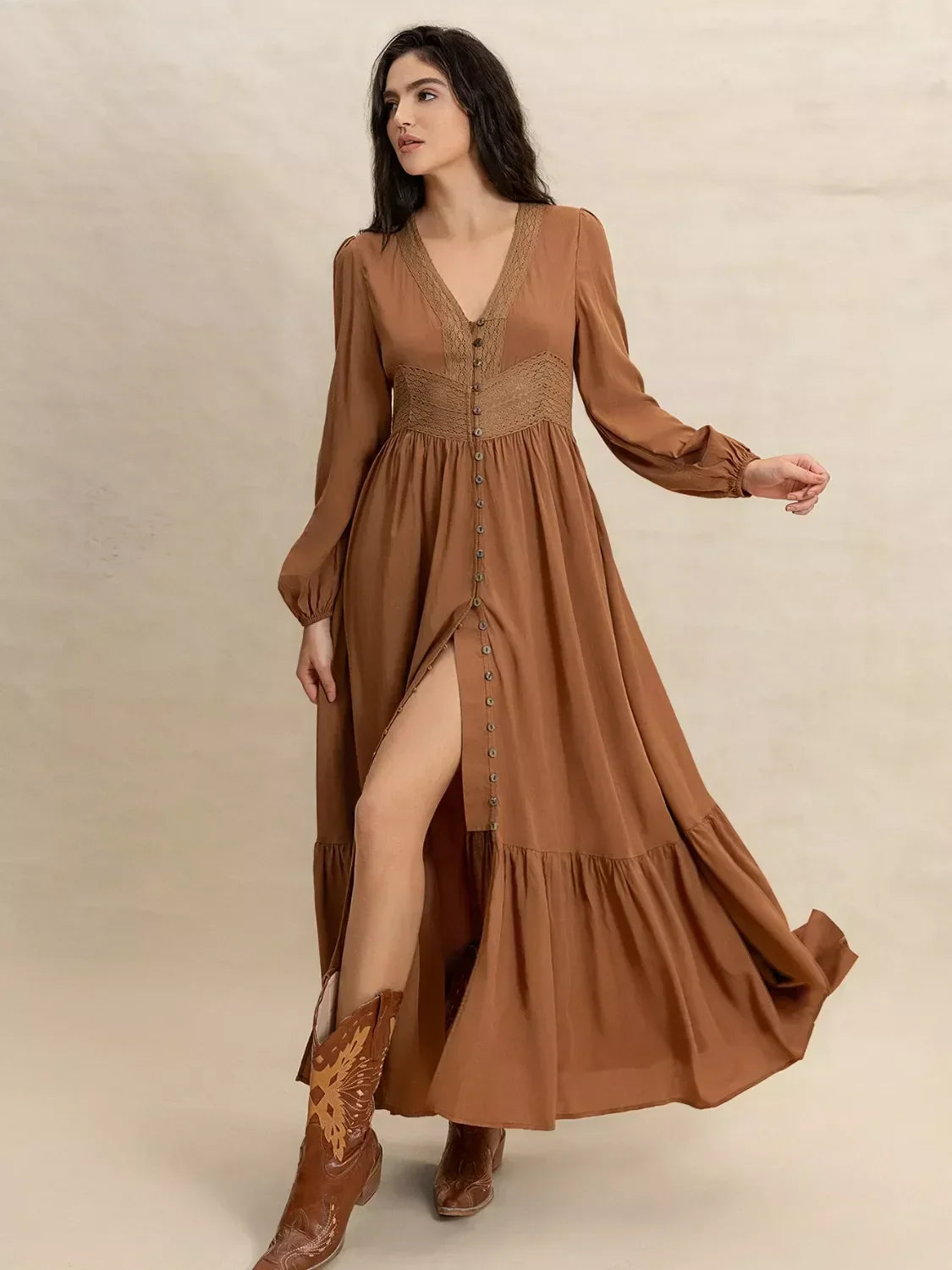 Lace Trim V-Neck Long Sleeve Button Front Tiered Maxi Dress