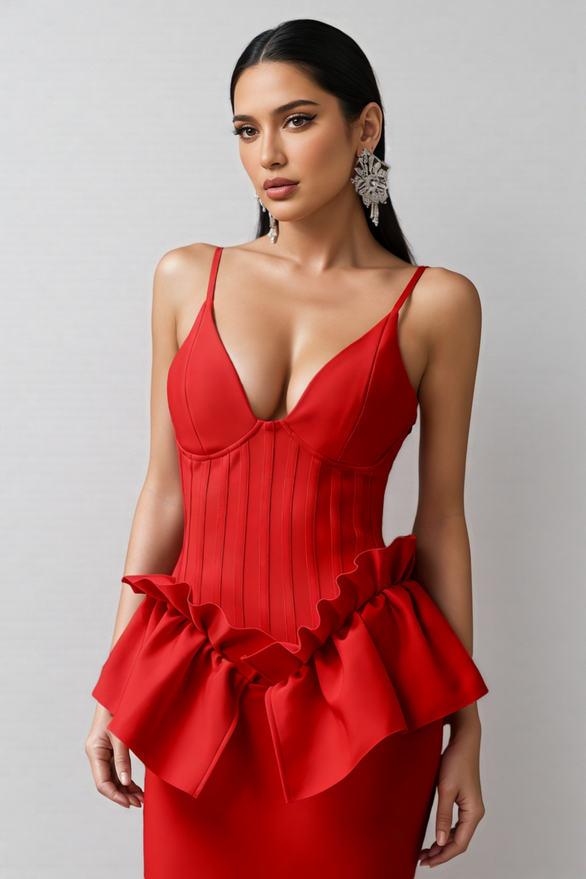 V-Neck Spaghetti Strap Corset Ruffle Peplum Bandage Maxi Dress 4