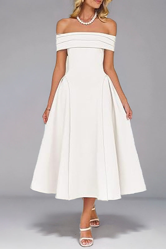 Off Shoulder Pleated Fit and Flare Midi Party Dress
