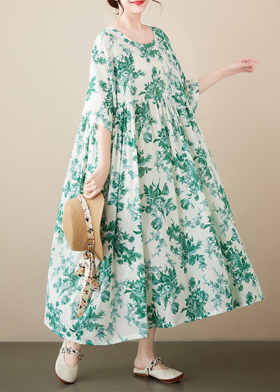 Floral Print Round Neck Short Sleeve Empire Waist Gathered A-Line Midi Dress