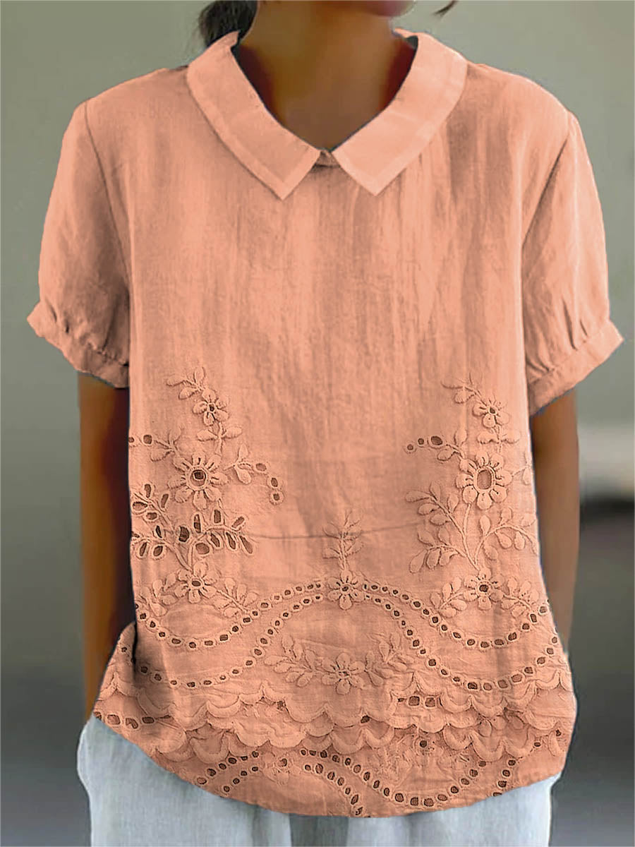 Collared Short Sleeve Eyelet Embroidered Scalloped Hem Blouse