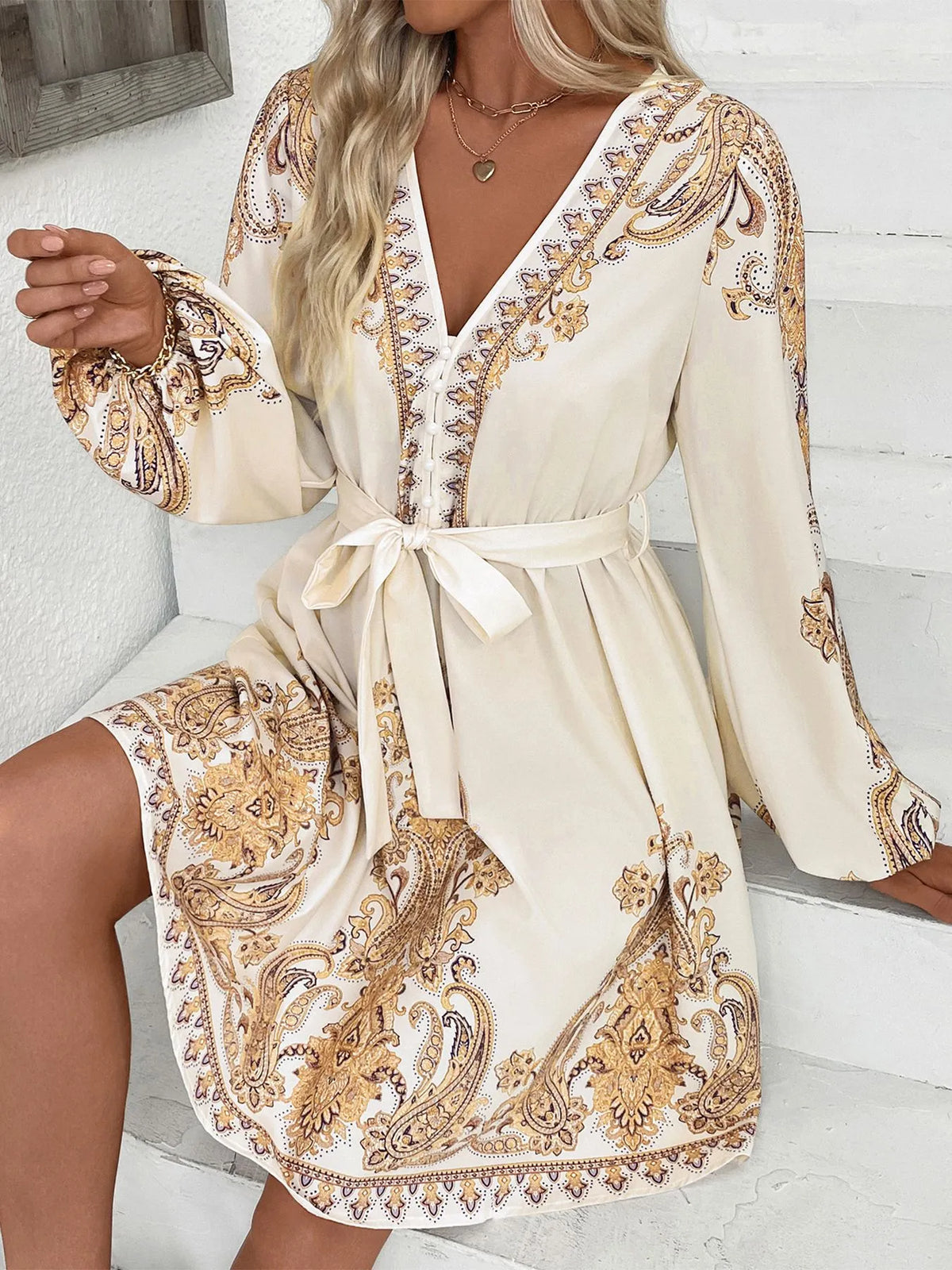 Paisley Print V-Neck Balloon Sleeve Tie Waist Mini Dress 5
