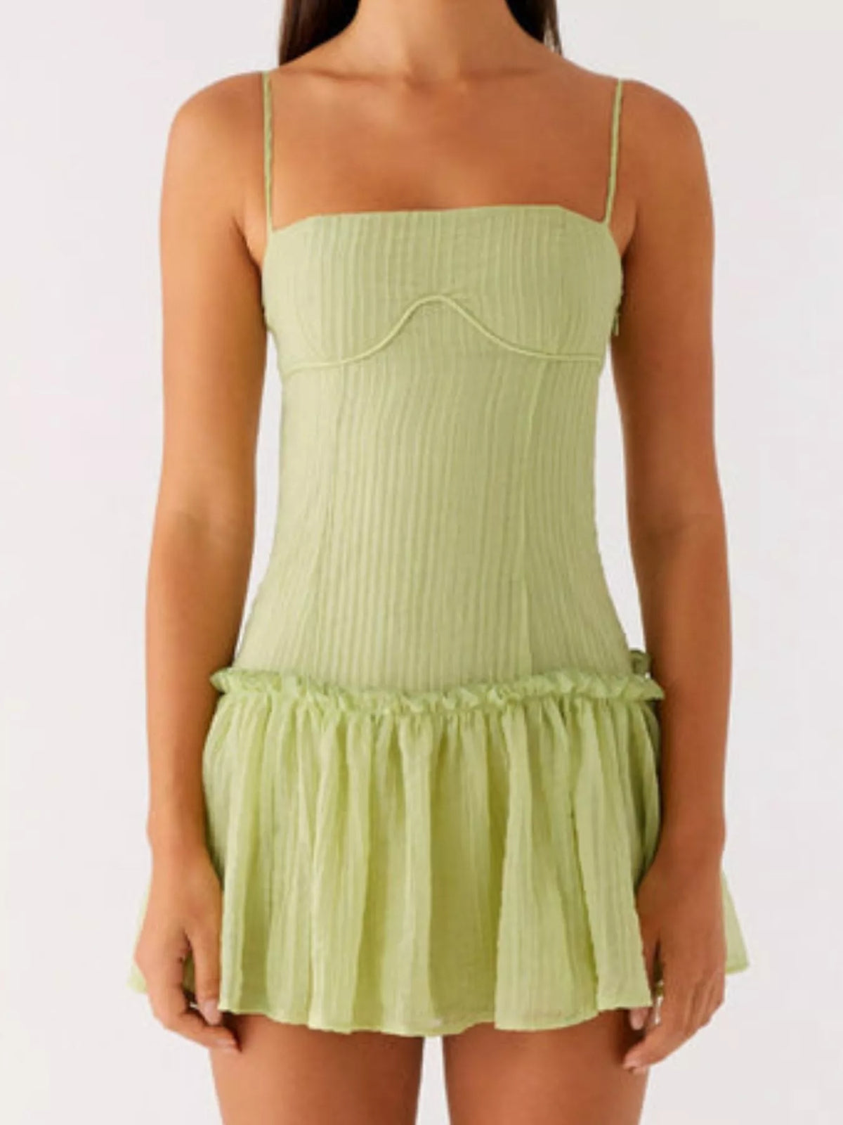 Textured Square Neck Cami Drop Waist Ruffle Hem Mini Dress 6