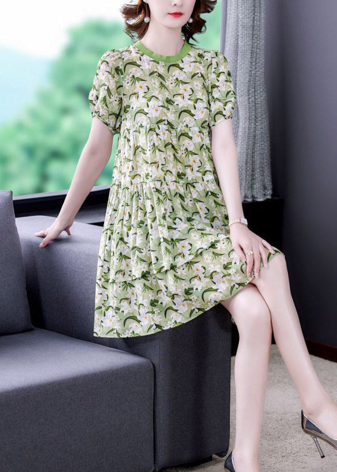 Floral Print Tiered Puff Sleeve Round Neck Mini Dress