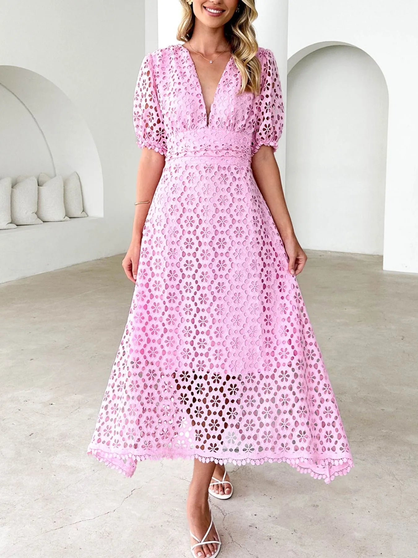 Exclusive Serena V Neck Lace Midi Dress with Puff Sleeves Chic Silhouette Collection