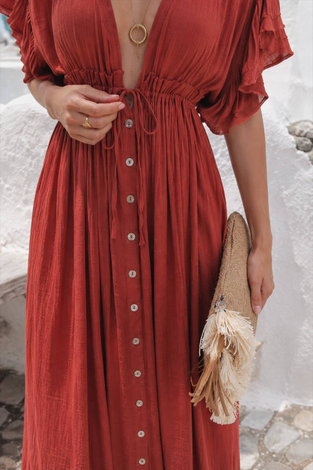 Button Front Drawstring Waist Maxi Boho Dress