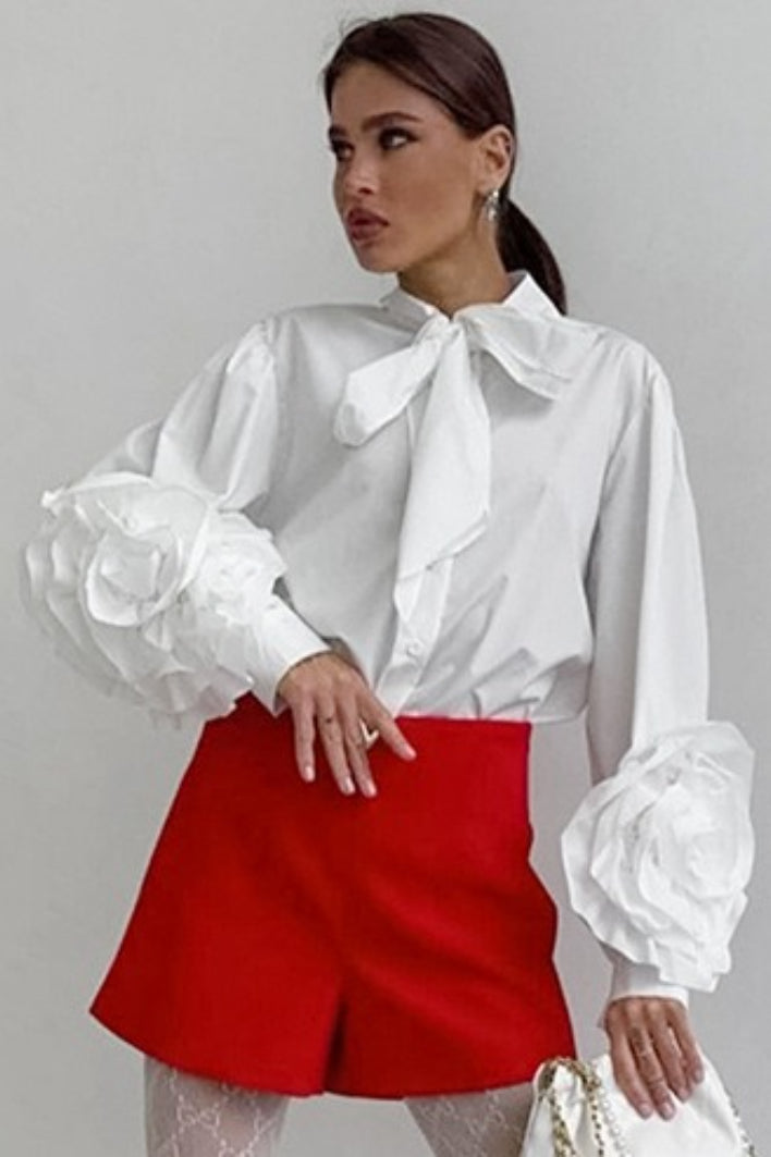 Bow Tie Neck Rosette Ruffle Lantern Sleeve Button Blouse 2