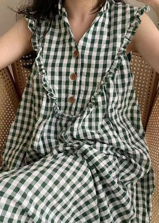 Gingham Check V-Neck Ruffle Collar Button Front Sleeveless Dress