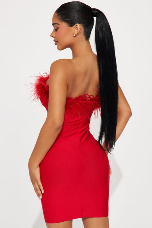 Feather Trim Strapless Party Dress 6