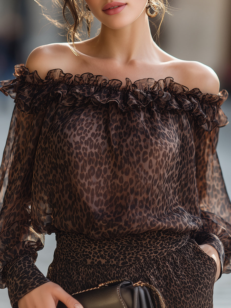 Leopard Print Off Shoulder Ruffle Long Sleeve Blouse