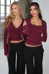 Square Neck Lace Trim Slim Fit Long Sleeve Tee